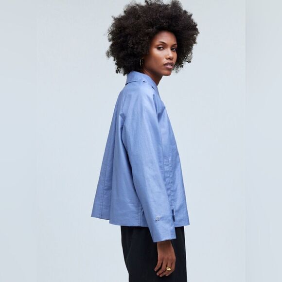 Madewell short trench coat Laminated Button Up Long Sleeve Coat in blue. M - Picture 2 of 12